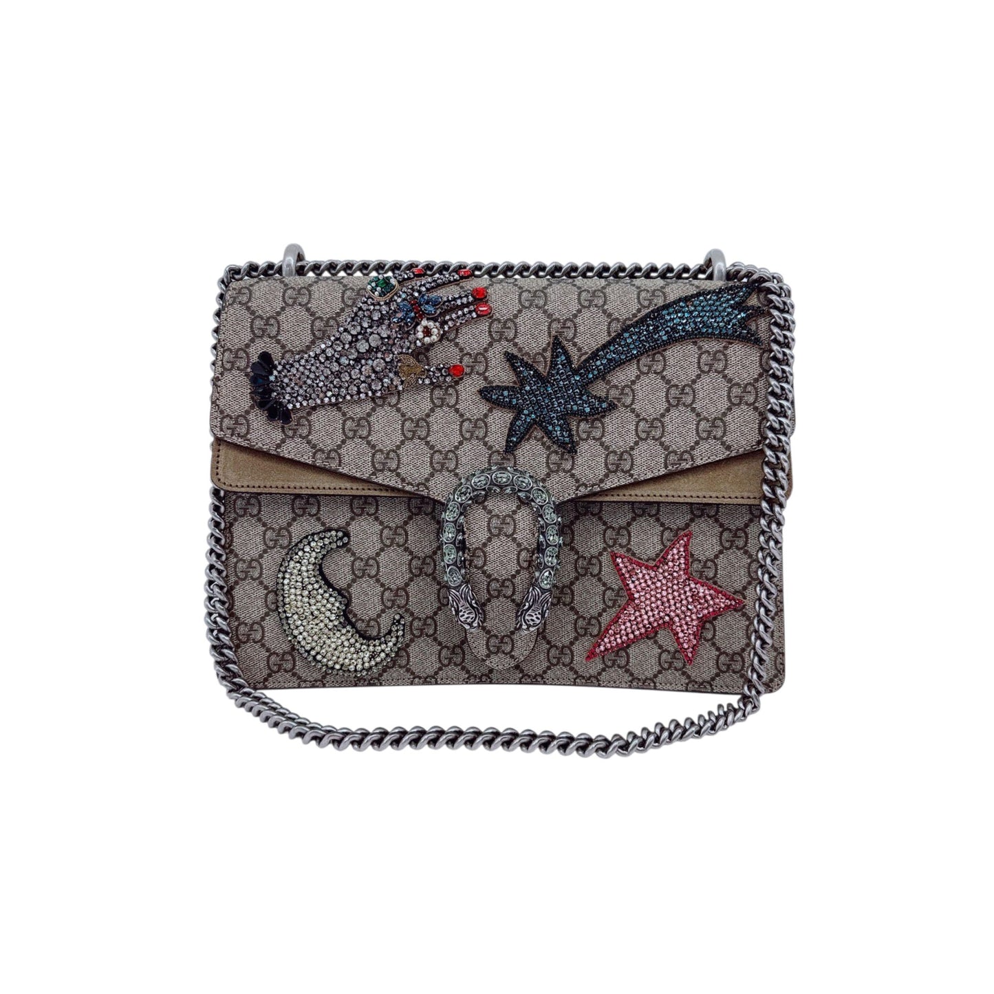 BEIGE BROWN GG SUPREME CANVAS AND SUEDE MEDIUM DIONYSUS EMBELLISHED SHOULDER BAG