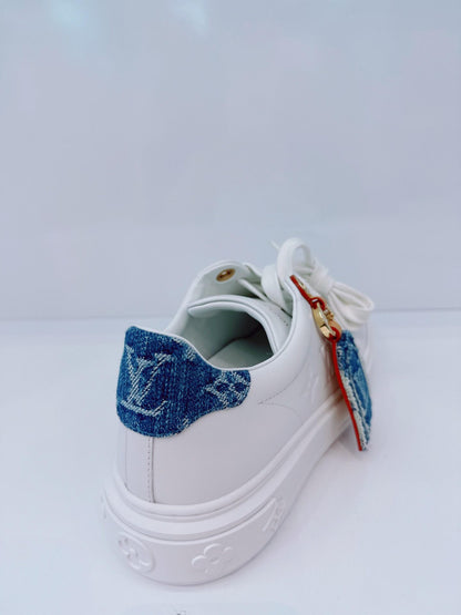 WHITE CALF LEATHER AND DENIM WITH REFINED SIGNATURE DETAILS TIME OUT SNEAKERS 36