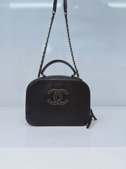 BLACK  QUILTED LEATHER VANITY CASE SHOULDER BAG
