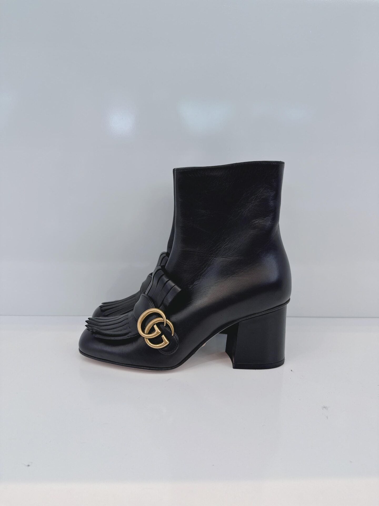 BLACK LEATHER GG MARMONT FRINGE BLOCK HEEL ANKLE LENGTH BOOTS 36