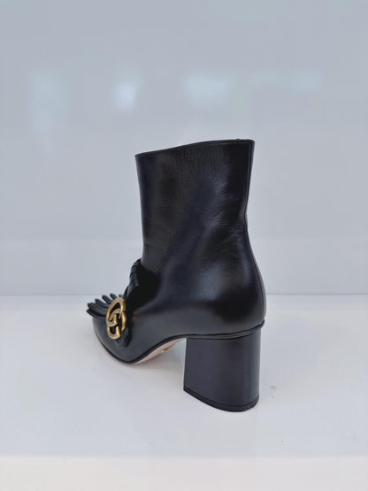 BLACK LEATHER GG MARMONT FRINGE BLOCK HEEL ANKLE LENGTH BOOTS 36