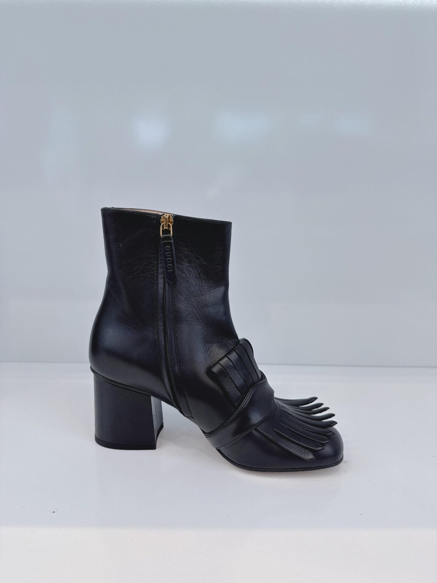 BLACK LEATHER GG MARMONT FRINGE BLOCK HEEL ANKLE LENGTH BOOTS 36