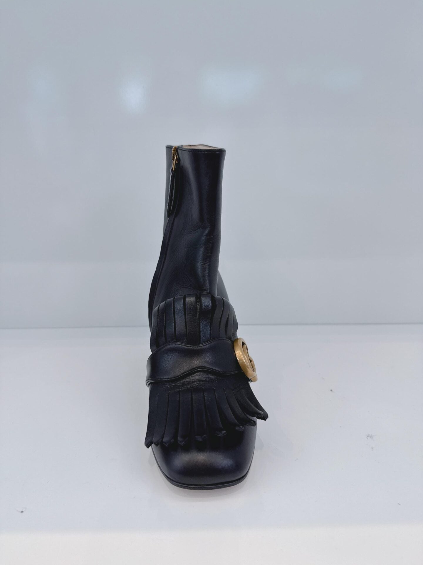 BLACK LEATHER GG MARMONT FRINGE BLOCK HEEL ANKLE LENGTH BOOTS 36