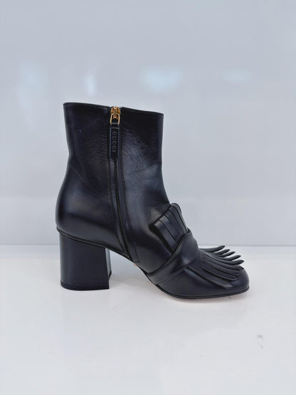 BLACK LEATHER GG MARMONT FRINGE BLOCK HEEL ANKLE LENGTH BOOTS 36