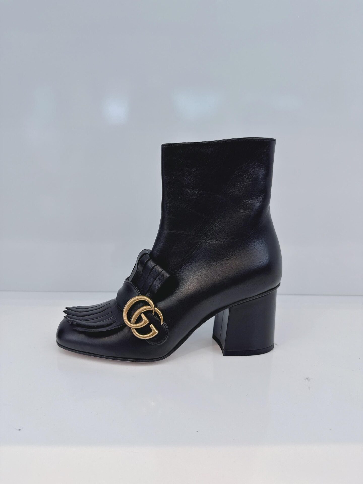 BLACK LEATHER GG MARMONT FRINGE BLOCK HEEL ANKLE LENGTH BOOTS 36
