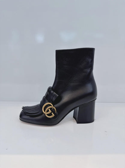 BLACK LEATHER GG MARMONT FRINGE BLOCK HEEL ANKLE LENGTH BOOTS 36