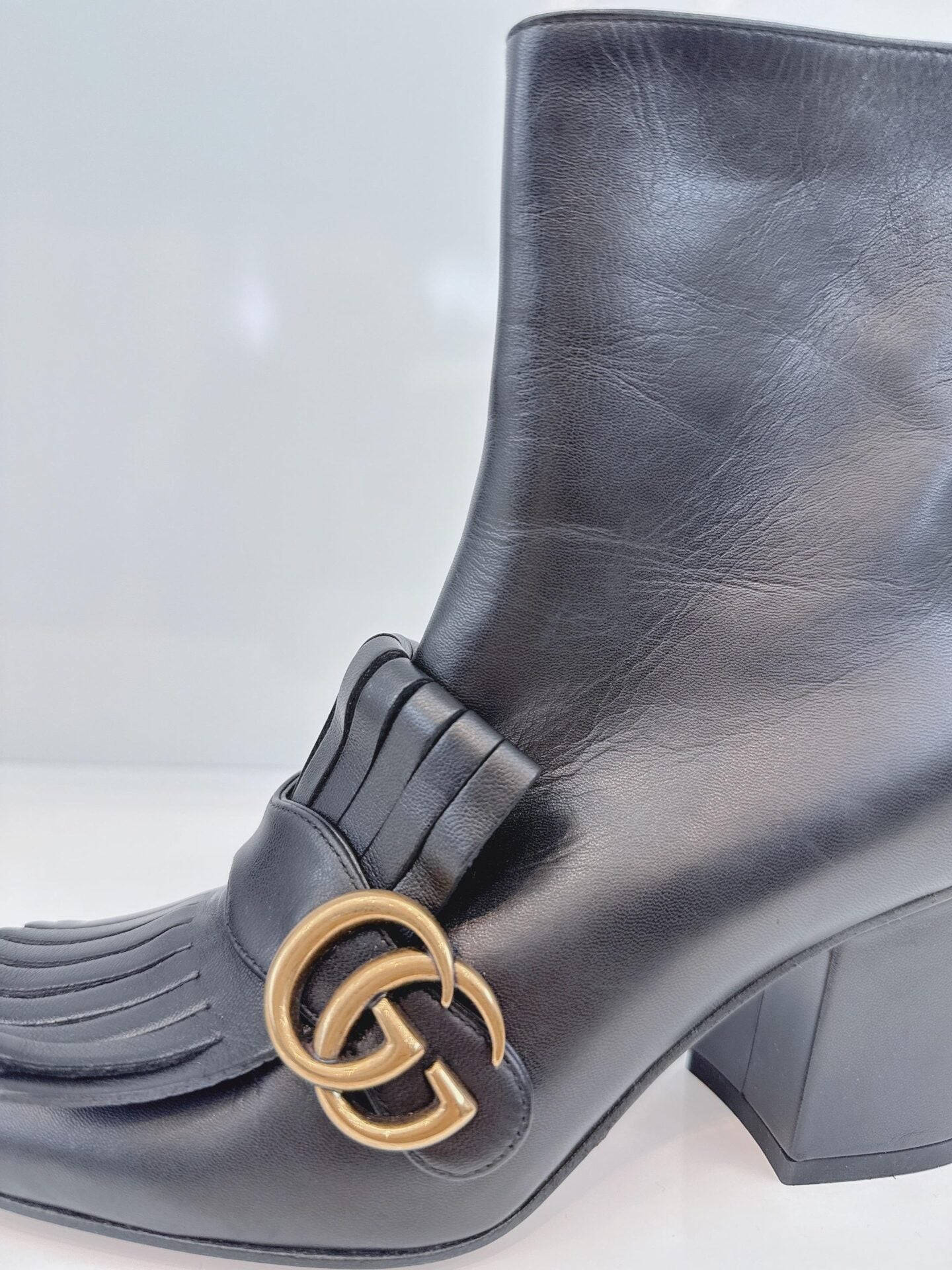 BLACK LEATHER GG MARMONT FRINGE BLOCK HEEL ANKLE LENGTH BOOTS 36