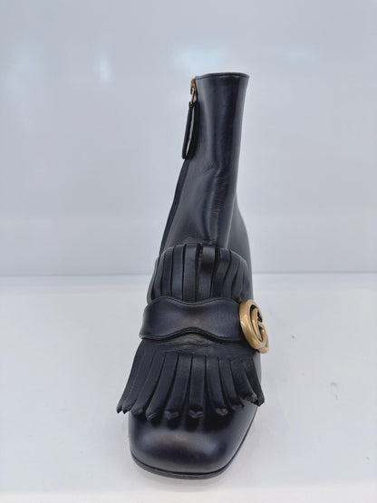 BLACK LEATHER GG MARMONT FRINGE BLOCK HEEL ANKLE LENGTH BOOTS 36