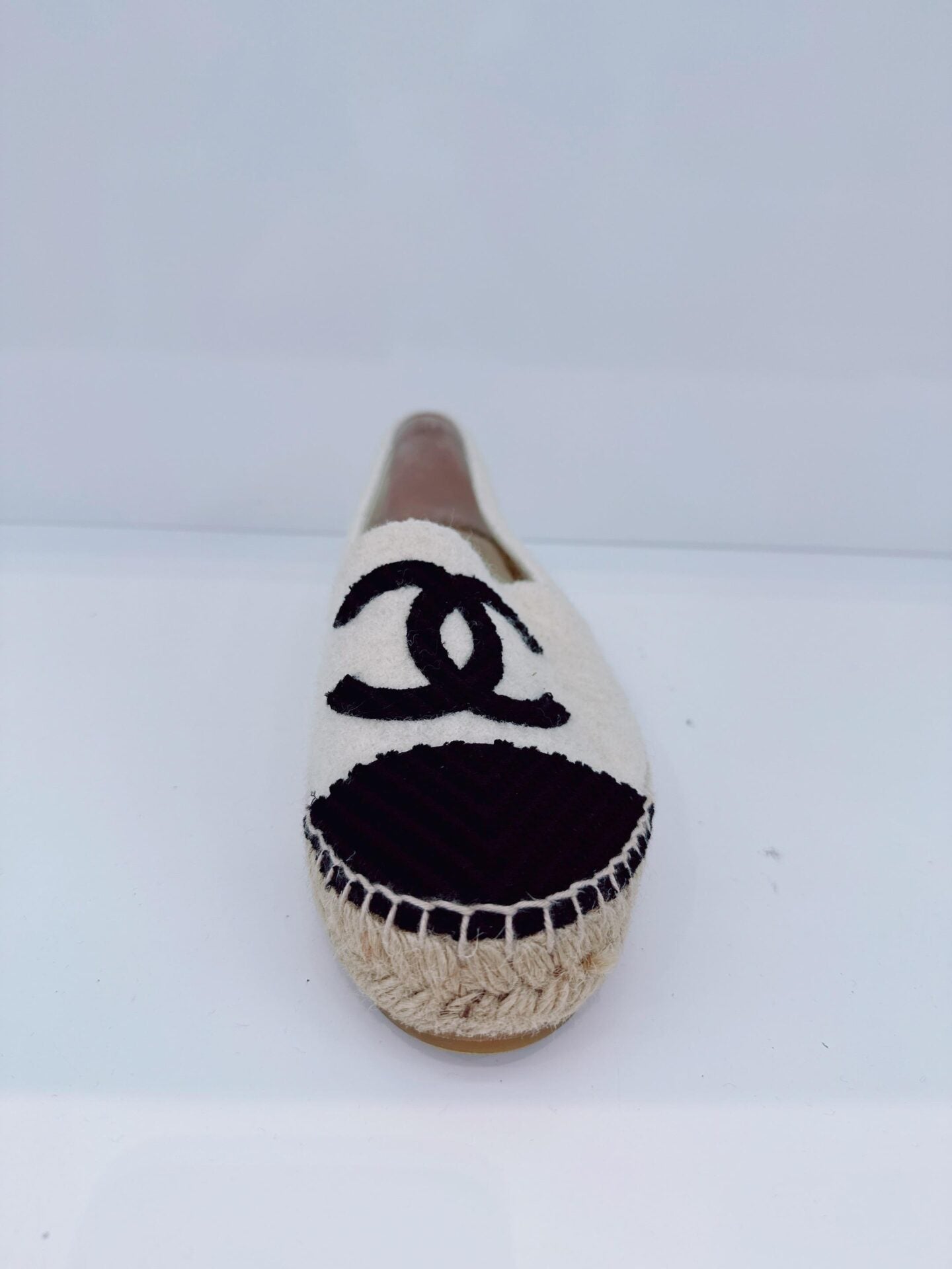 OFF WHITE BLACK FABRIC CC CAP TOE ESPADRILLES FLATS 36