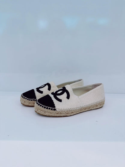 OFF WHITE BLACK FABRIC CC CAP TOE ESPADRILLES FLATS 36