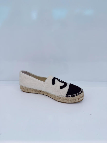 OFF WHITE BLACK FABRIC CC CAP TOE ESPADRILLES FLATS 36