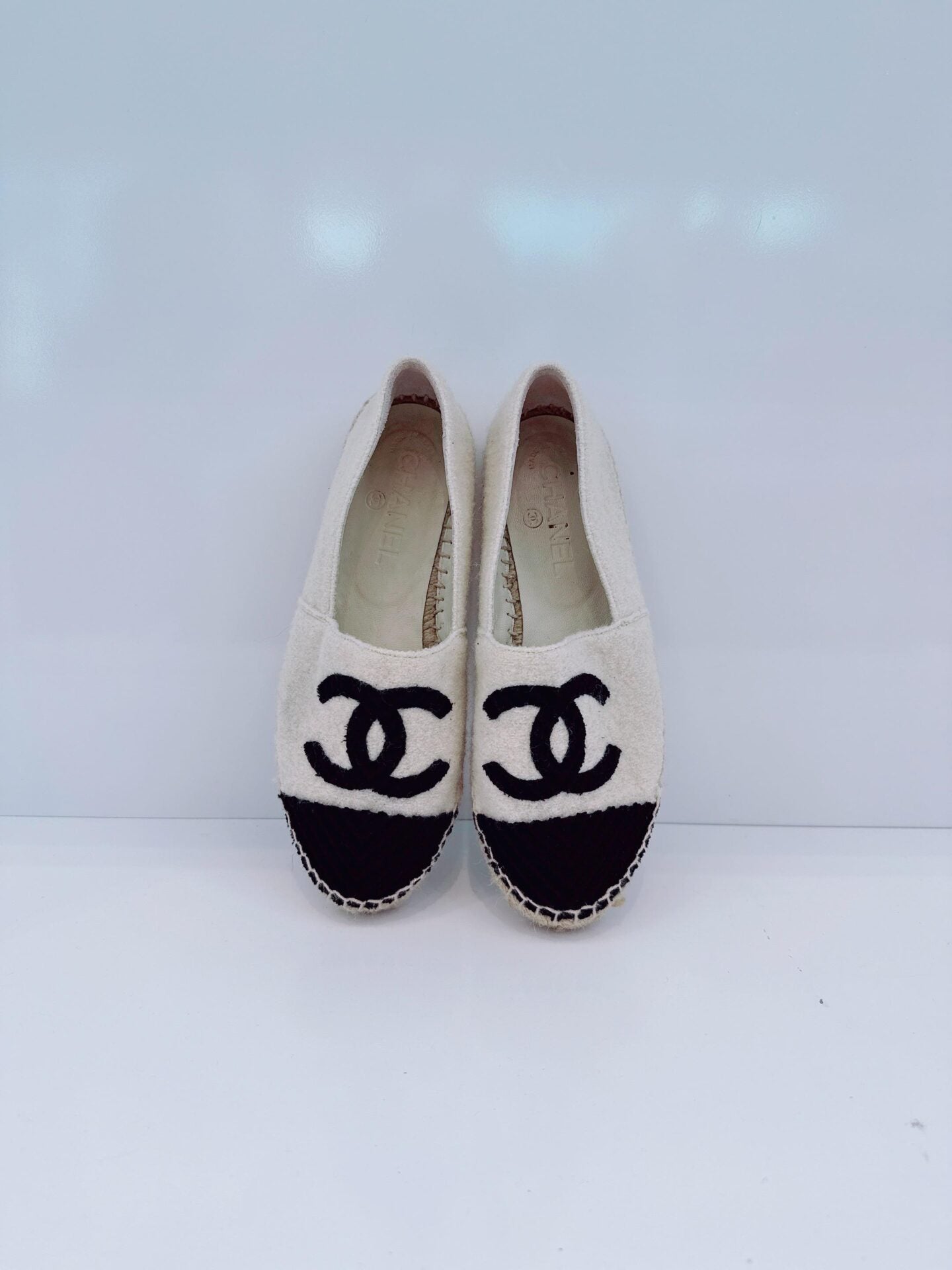 OFF WHITE BLACK FABRIC CC CAP TOE ESPADRILLES FLATS 36