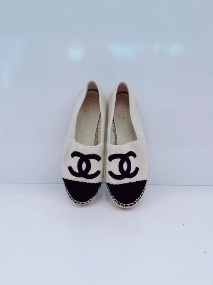 OFF WHITE BLACK FABRIC CC CAP TOE ESPADRILLES FLATS 36