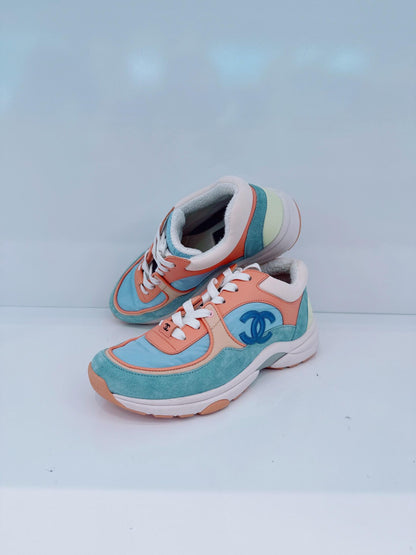 MULTICOLOR NYLON AND LEATHER CC LOGO LACE UP SNEAKERS 36