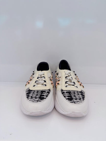WHITE FABRIC AND LEATHER EMBELLISHED LOW TOP SNEAKERS 36