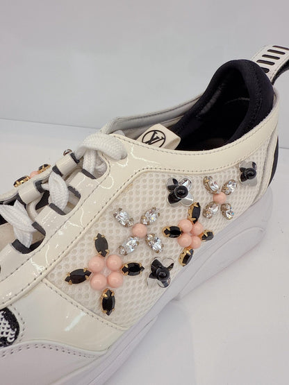 WHITE FABRIC AND LEATHER EMBELLISHED LOW TOP SNEAKERS 36