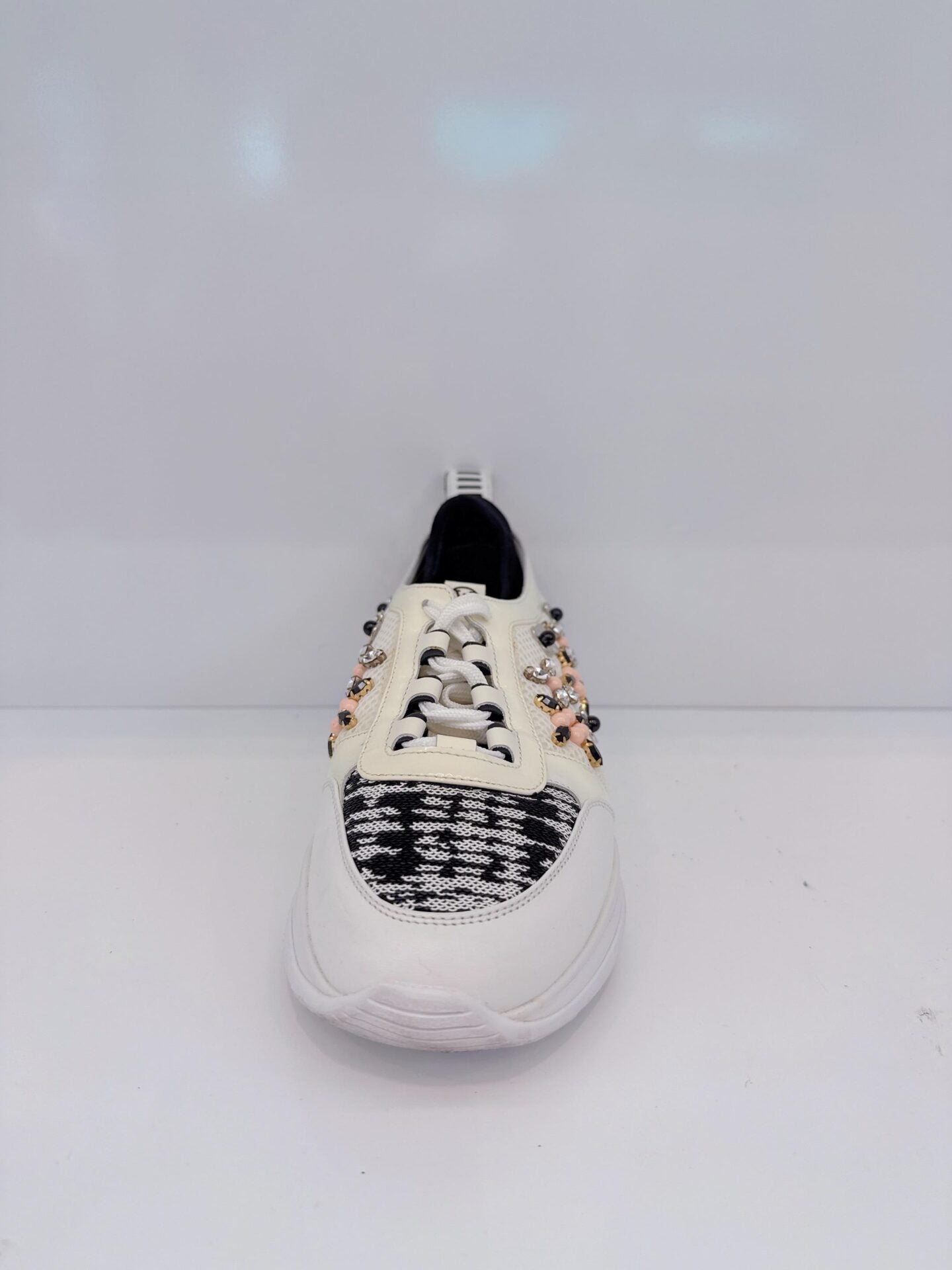 WHITE FABRIC AND LEATHER EMBELLISHED LOW TOP SNEAKERS 36