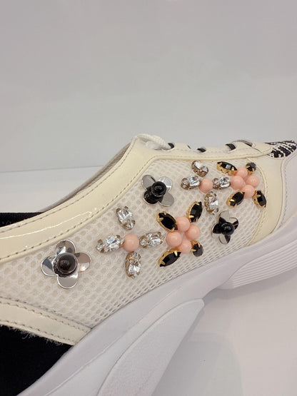 WHITE FABRIC AND LEATHER EMBELLISHED LOW TOP SNEAKERS 36