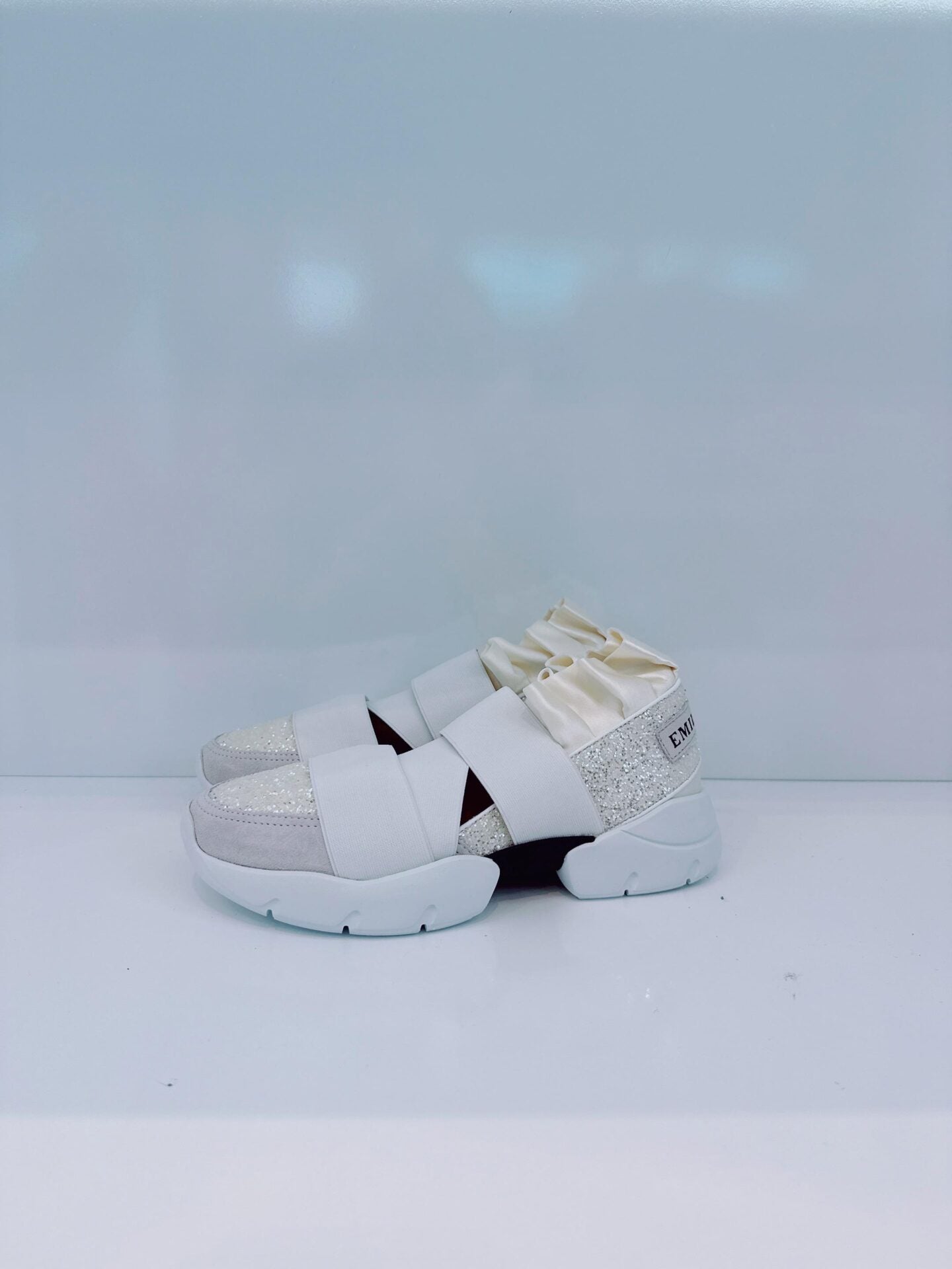 WHITE PUCCI AT NIGHT GLITTER RUFFLE ELASTIC SLIP ON SNEAKERS 36