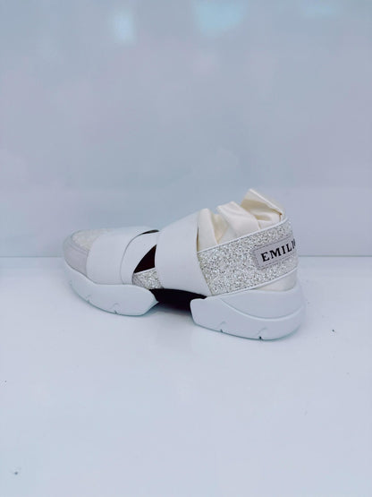 WHITE PUCCI AT NIGHT GLITTER RUFFLE ELASTIC SLIP ON SNEAKERS 36