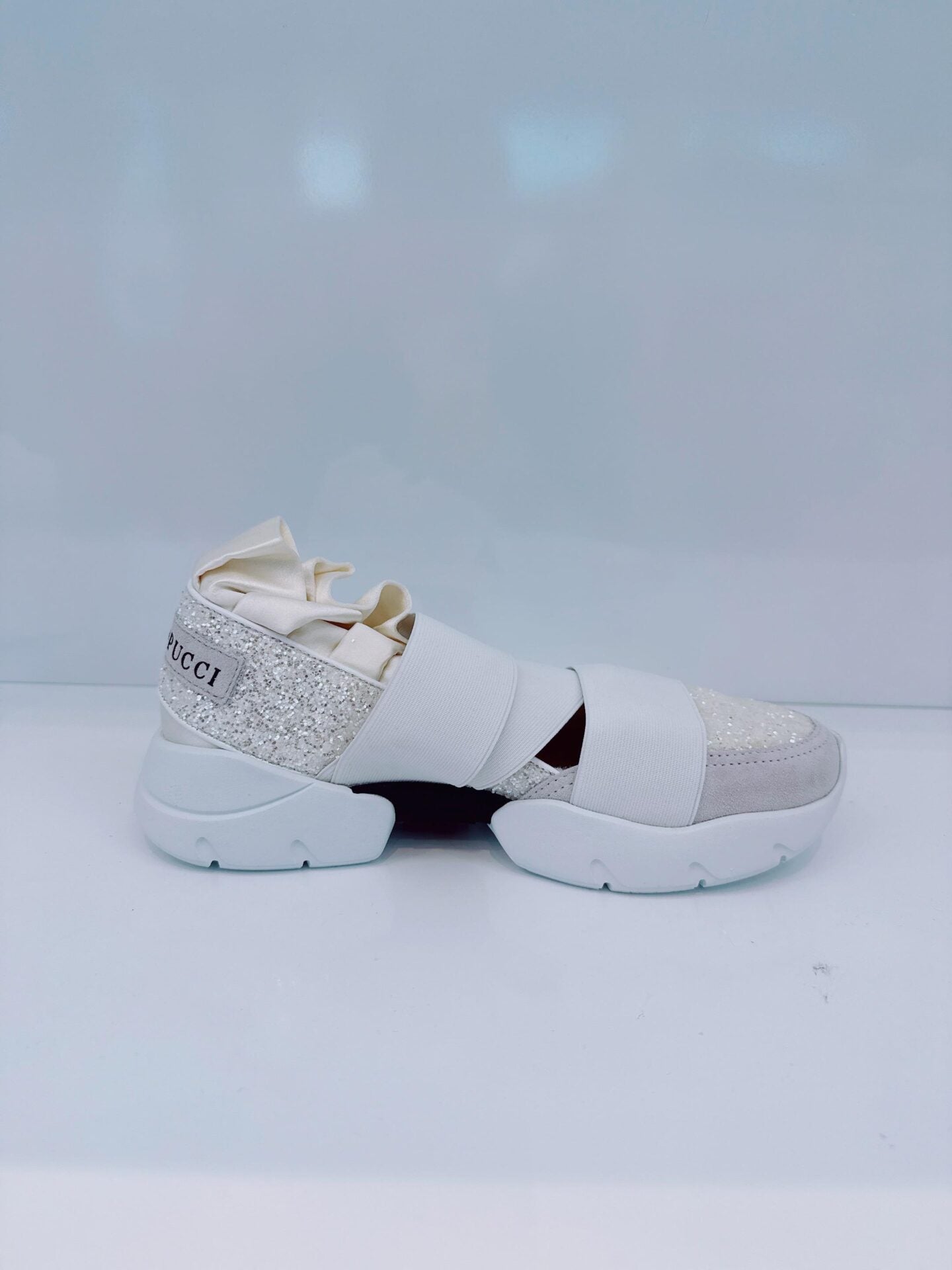 WHITE PUCCI AT NIGHT GLITTER RUFFLE ELASTIC SLIP ON SNEAKERS 36