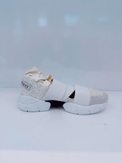 WHITE PUCCI AT NIGHT GLITTER RUFFLE ELASTIC SLIP ON SNEAKERS 36