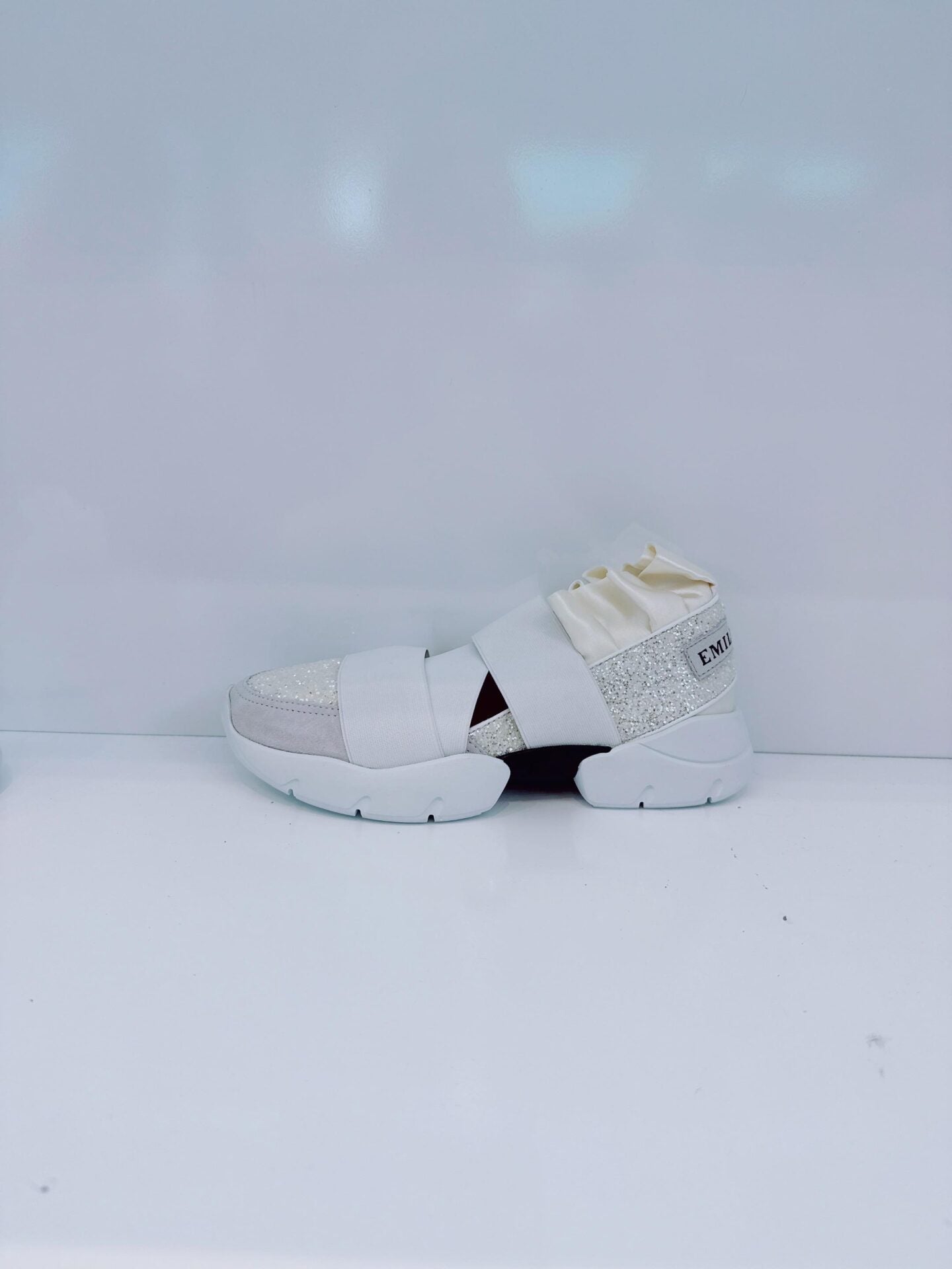 WHITE PUCCI AT NIGHT GLITTER RUFFLE ELASTIC SLIP ON SNEAKERS 36