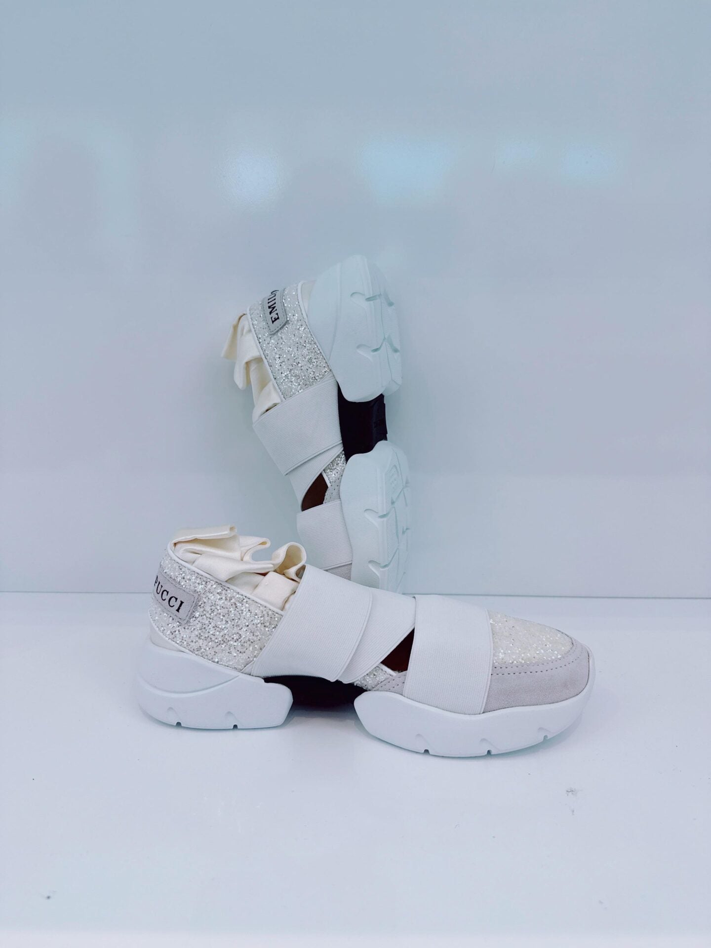 WHITE PUCCI AT NIGHT GLITTER RUFFLE ELASTIC SLIP ON SNEAKERS 36