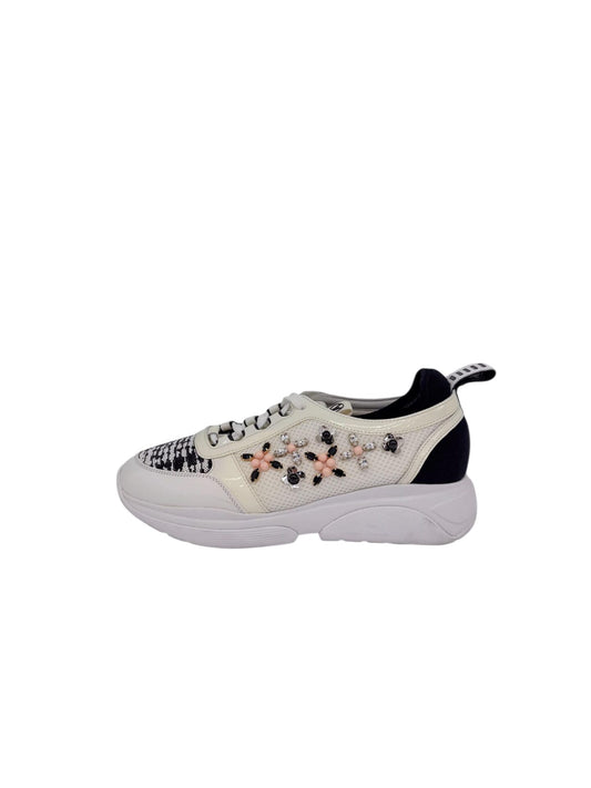 WHITE FABRIC AND LEATHER EMBELLISHED LOW TOP SNEAKERS 36