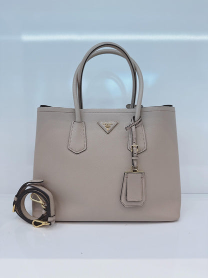 LIGHT GRAY DOUBLE SAFFIANO LEATHER TOTE BAG