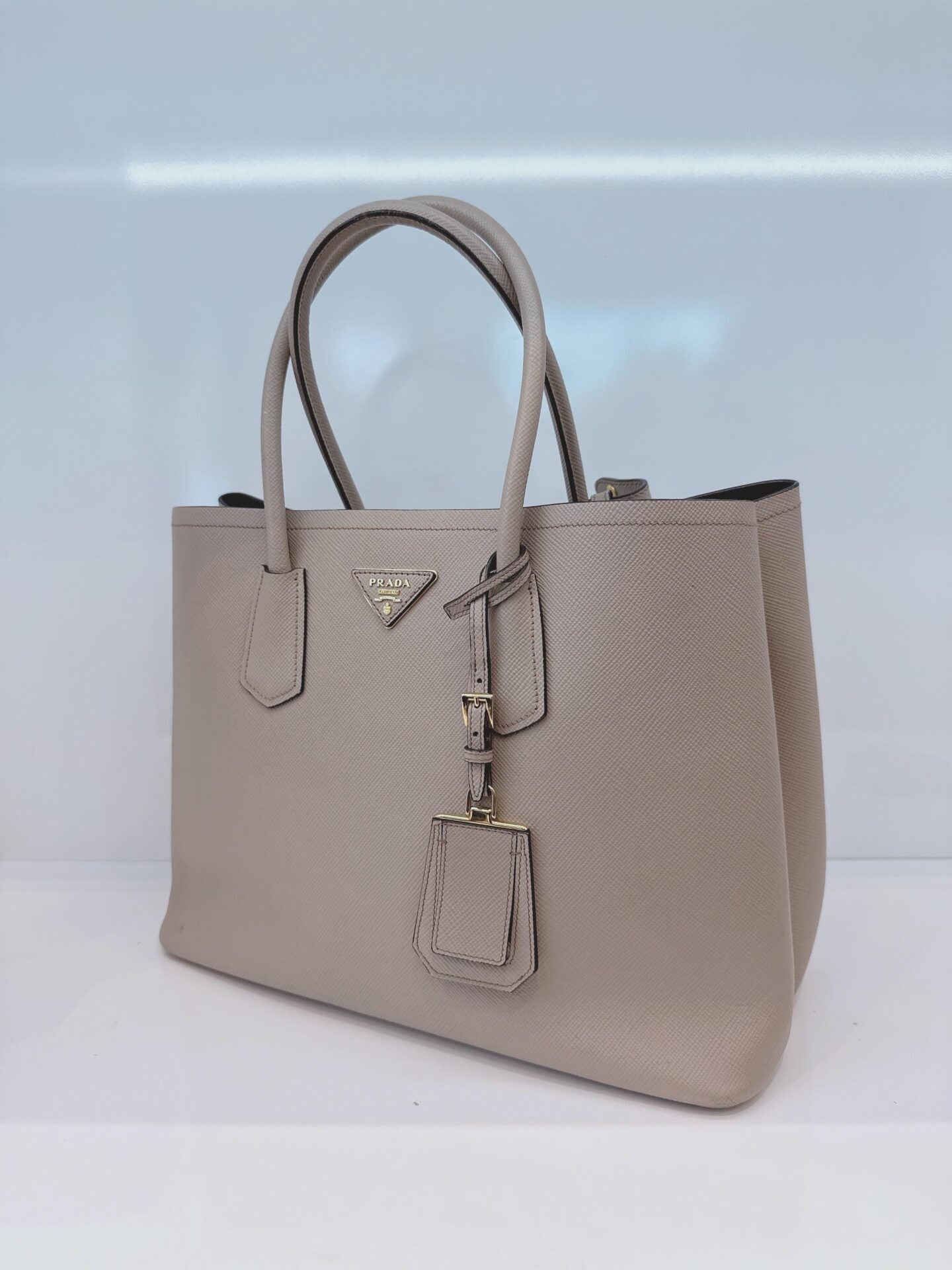 LIGHT GRAY DOUBLE SAFFIANO LEATHER TOTE BAG