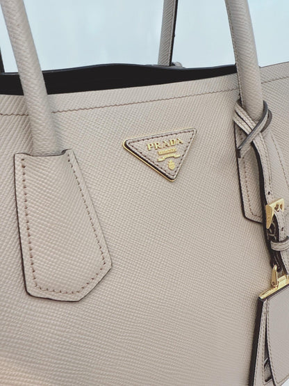 LIGHT GRAY DOUBLE SAFFIANO LEATHER TOTE BAG