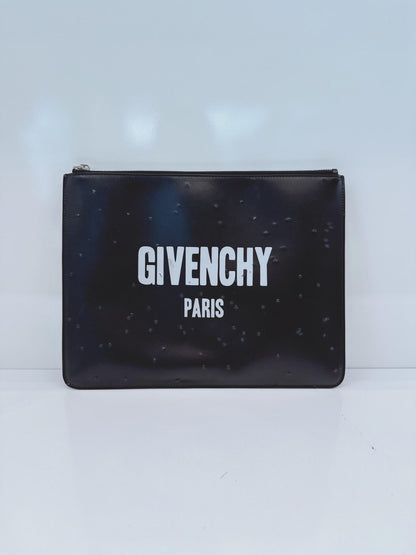 BLACK LOGO LEATHER DISTRESSED LOGO ZIP POUCH