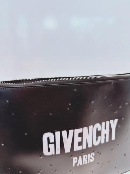 BLACK LOGO LEATHER DISTRESSED LOGO ZIP POUCH