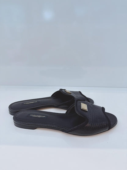 BLACK LIZARD EMBOSSED LEATHER SOFIA SLIDES 36