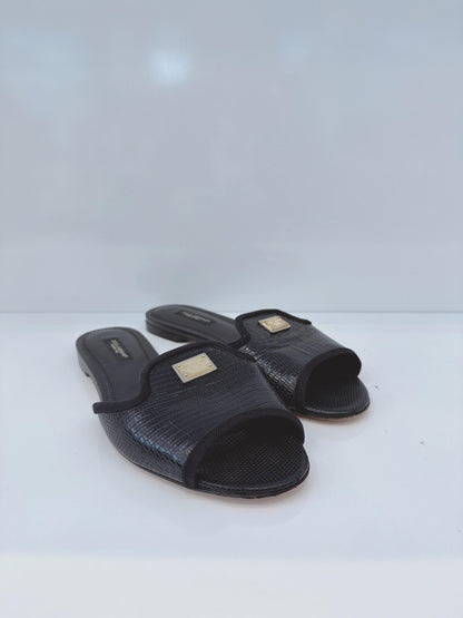 BLACK LIZARD EMBOSSED LEATHER SOFIA SLIDES 36