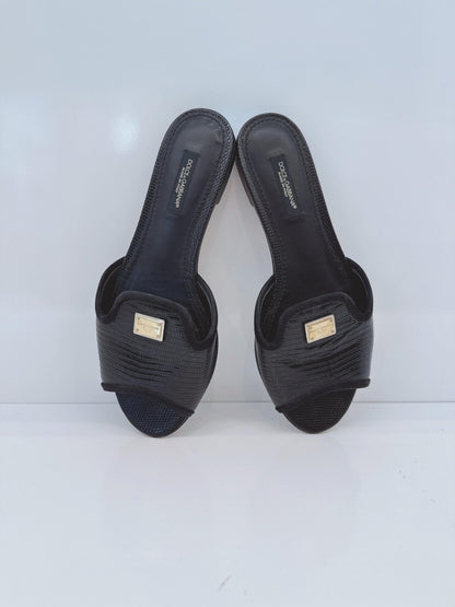BLACK LIZARD EMBOSSED LEATHER SOFIA SLIDES 36