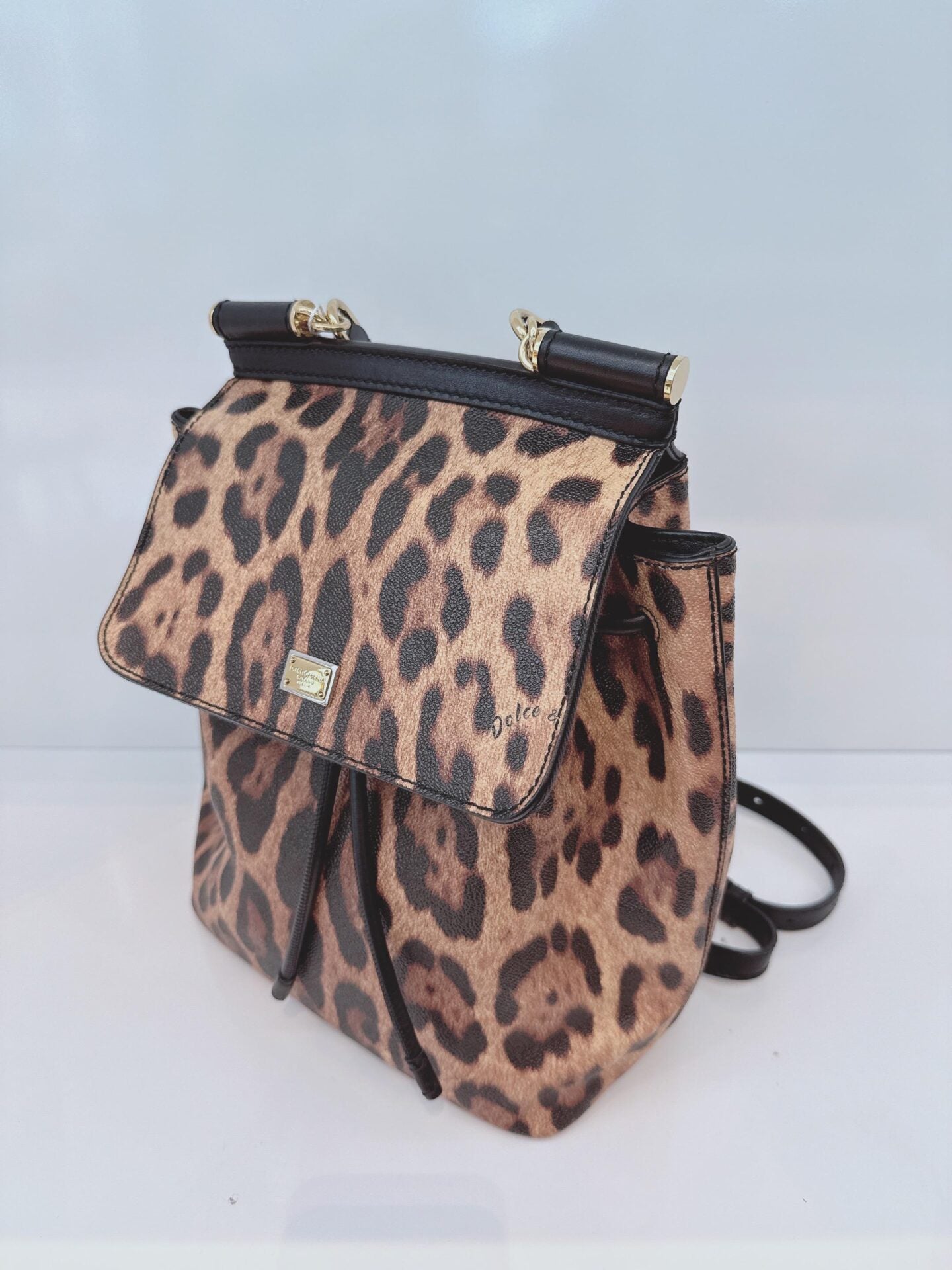 BLACK BROWN LEOPARD PRINT COATED CANVAS AND LEATHER MISS SICILY BACKPACK