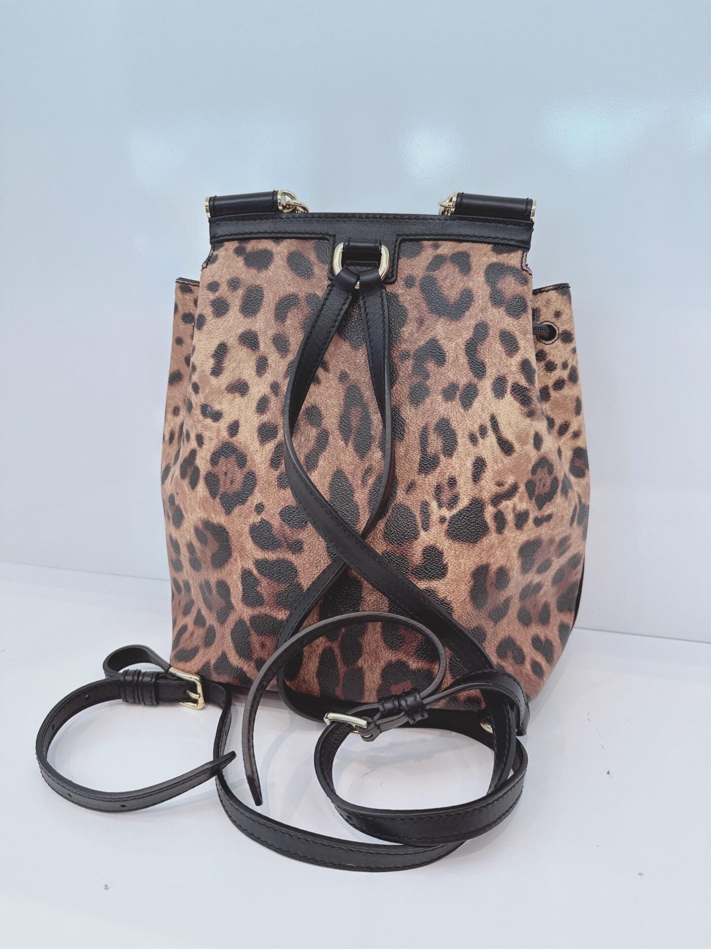 BLACK BROWN LEOPARD PRINT COATED CANVAS AND LEATHER MISS SICILY BACKPACK