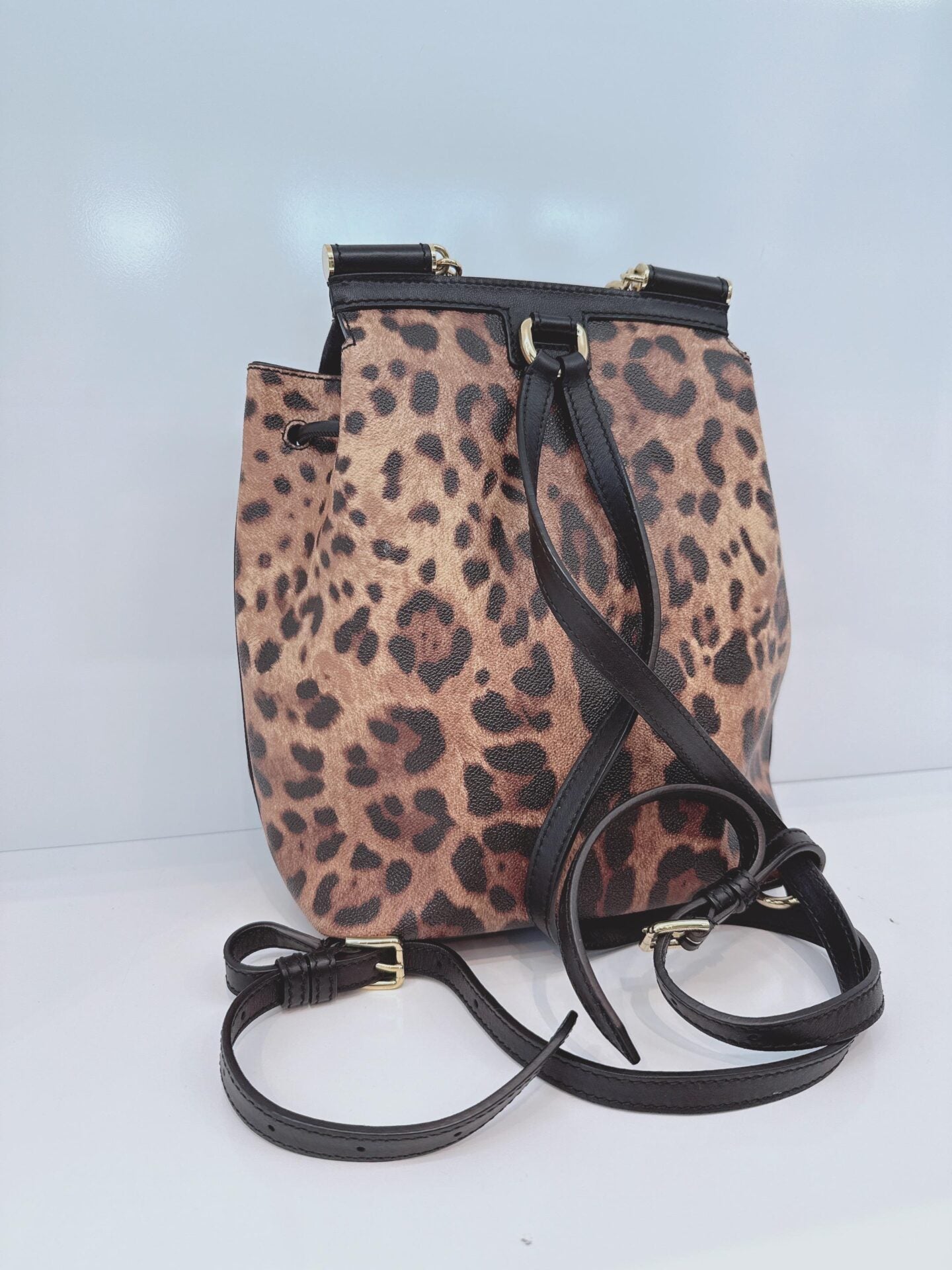 BLACK BROWN LEOPARD PRINT COATED CANVAS AND LEATHER MISS SICILY BACKPACK
