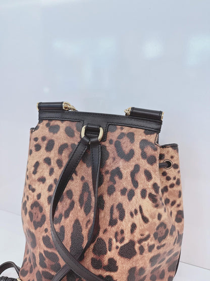 BLACK BROWN LEOPARD PRINT COATED CANVAS AND LEATHER MISS SICILY BACKPACK
