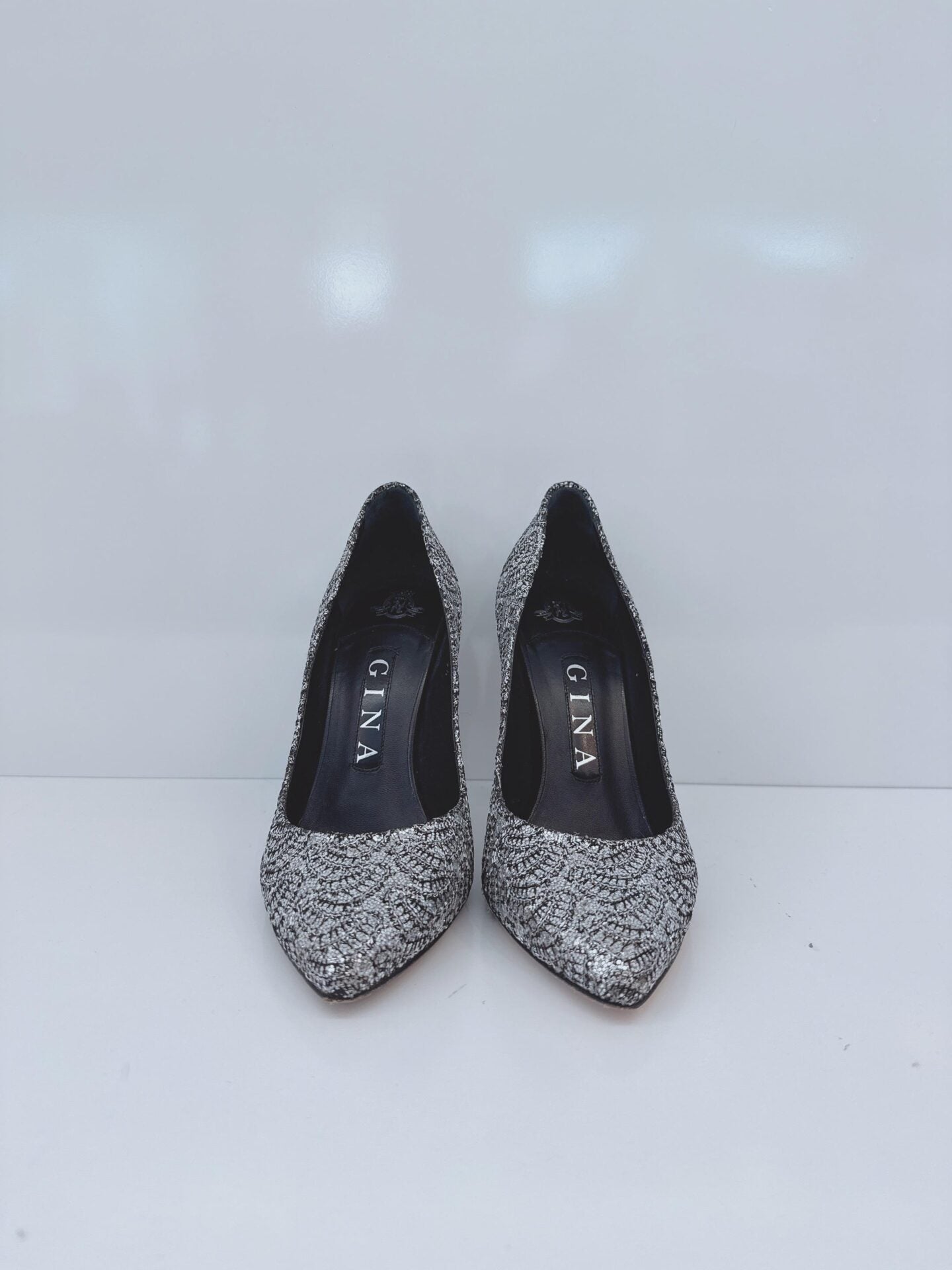 METALLIC SILVER LUREX AND GLITTER SLIP ON PUMPS 35