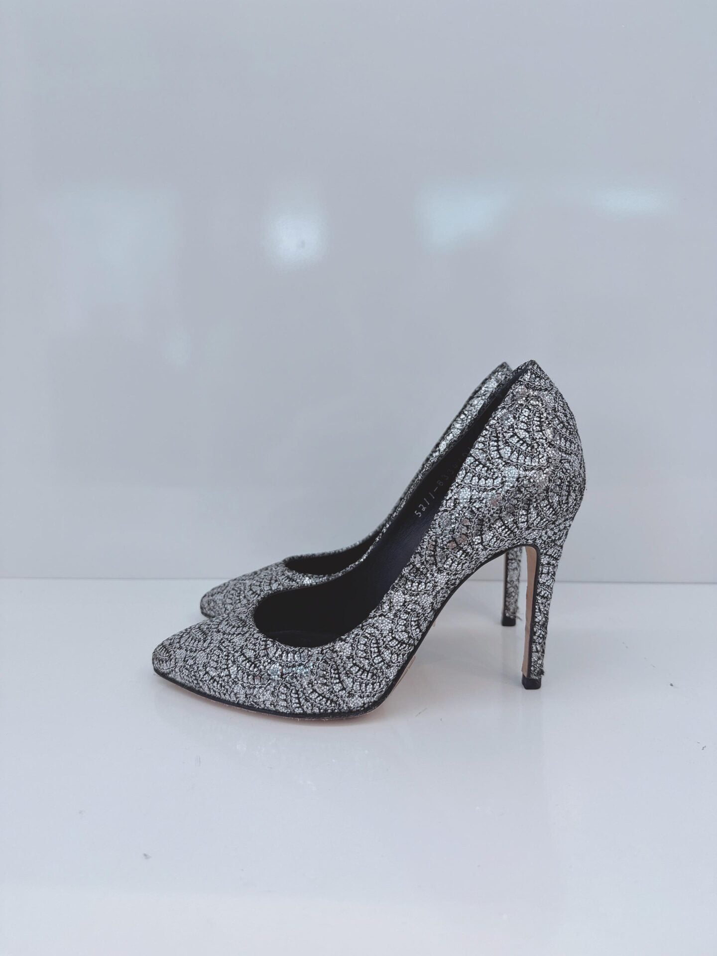 METALLIC SILVER LUREX AND GLITTER SLIP ON PUMPS 35