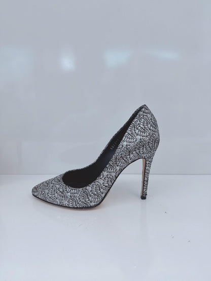 METALLIC SILVER LUREX AND GLITTER SLIP ON PUMPS 35