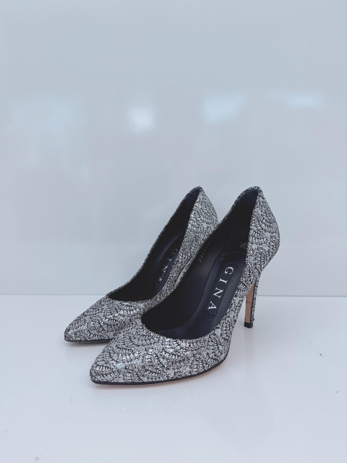 METALLIC SILVER LUREX AND GLITTER SLIP ON PUMPS 35