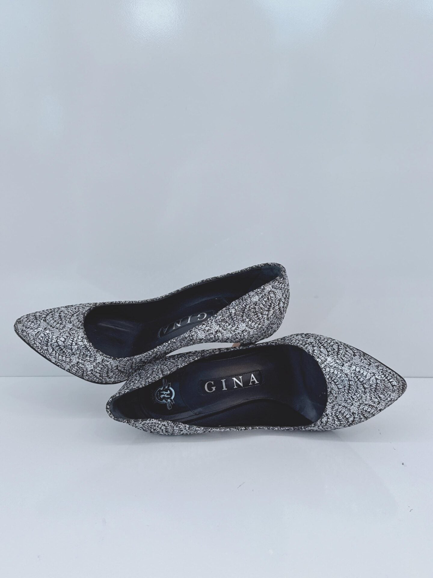 METALLIC SILVER LUREX AND GLITTER SLIP ON PUMPS 35