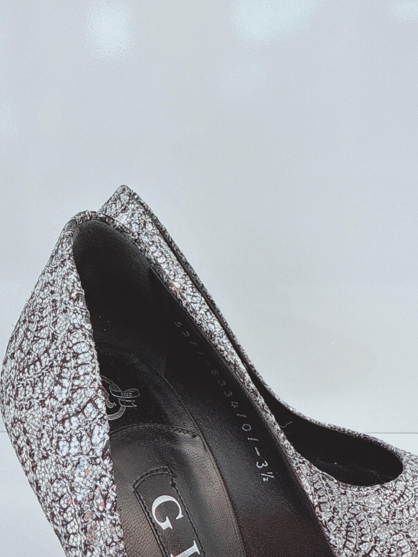 METALLIC SILVER LUREX AND GLITTER SLIP ON PUMPS 35