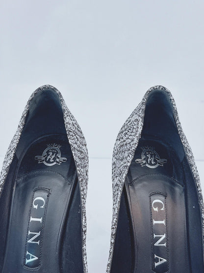 METALLIC SILVER LUREX AND GLITTER SLIP ON PUMPS 35