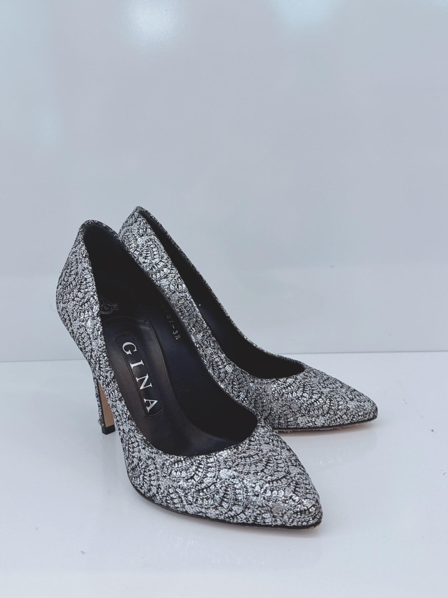 METALLIC SILVER LUREX AND GLITTER SLIP ON PUMPS 35