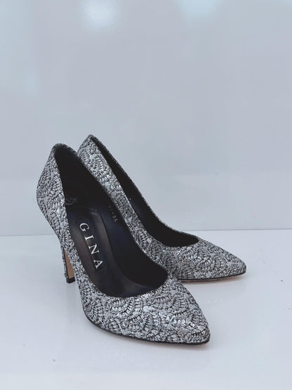 METALLIC SILVER LUREX AND GLITTER SLIP ON PUMPS 35